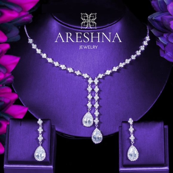 Areshna Jewelry - Luxury Lariat Diamond Bridal Jewelry Set Necklace and Earrings